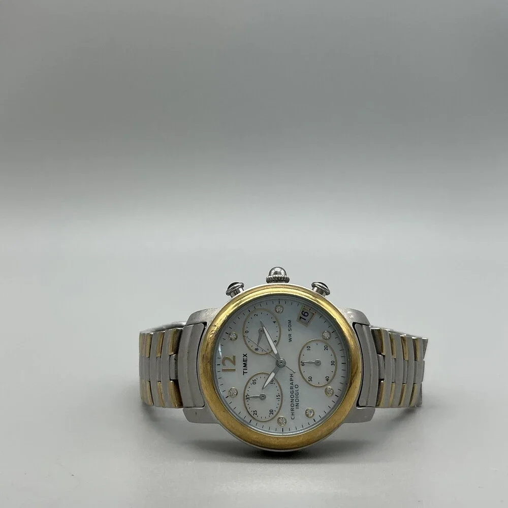 Timex Chronograph Indiglo Womens Watch 31mm MOP Date Two Tone New Battery